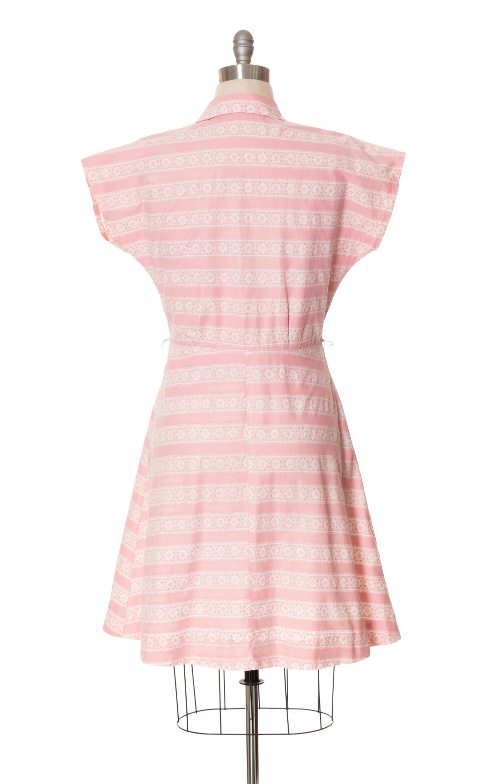 Vintage 1940s 1950s Pink Striped Floral Cotton Shirtwaist Shirt Day Dress Large