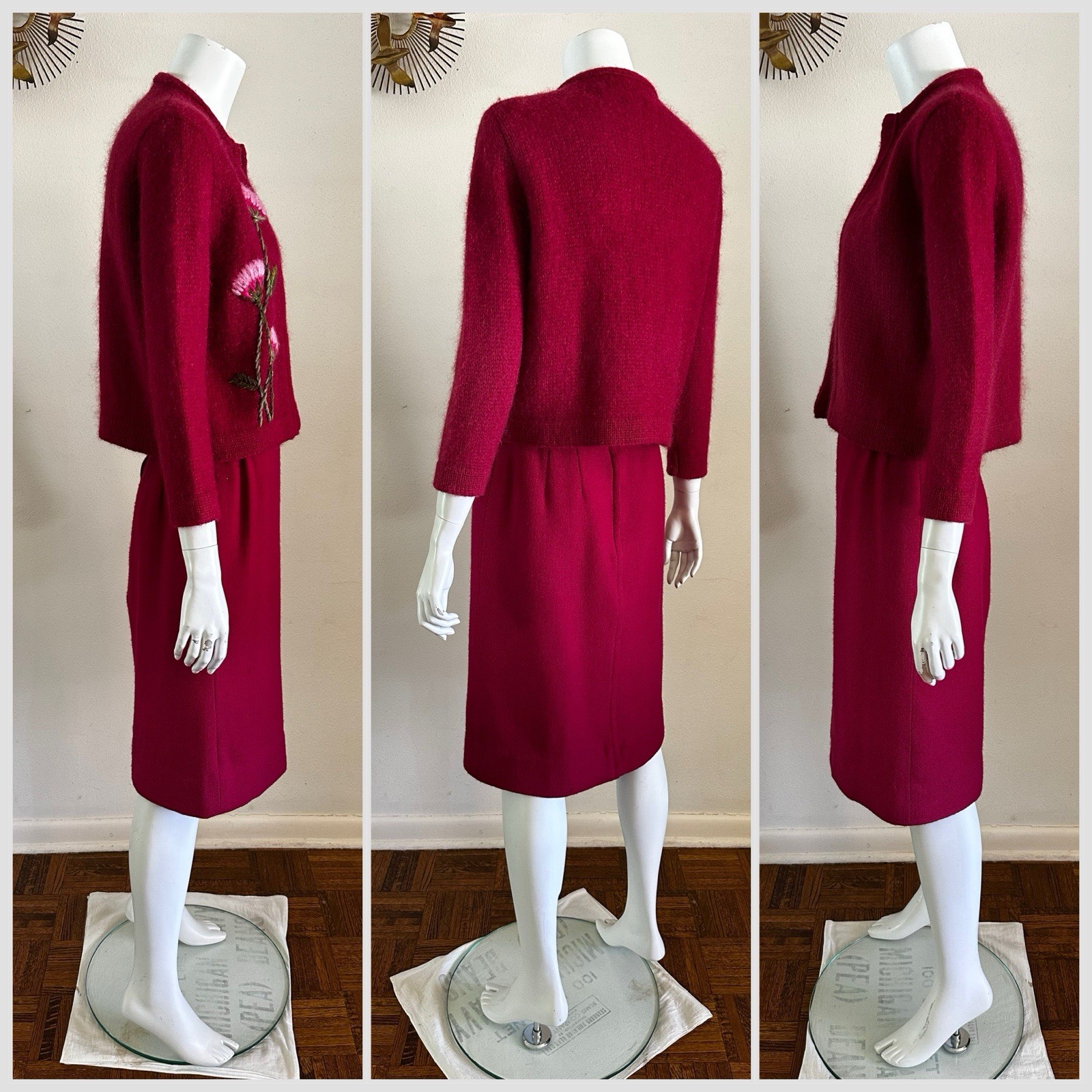 1960s Sweater Suit Fuzzy Knit Embroidered Floral Jacket & Wool Skirt ILGWU Union