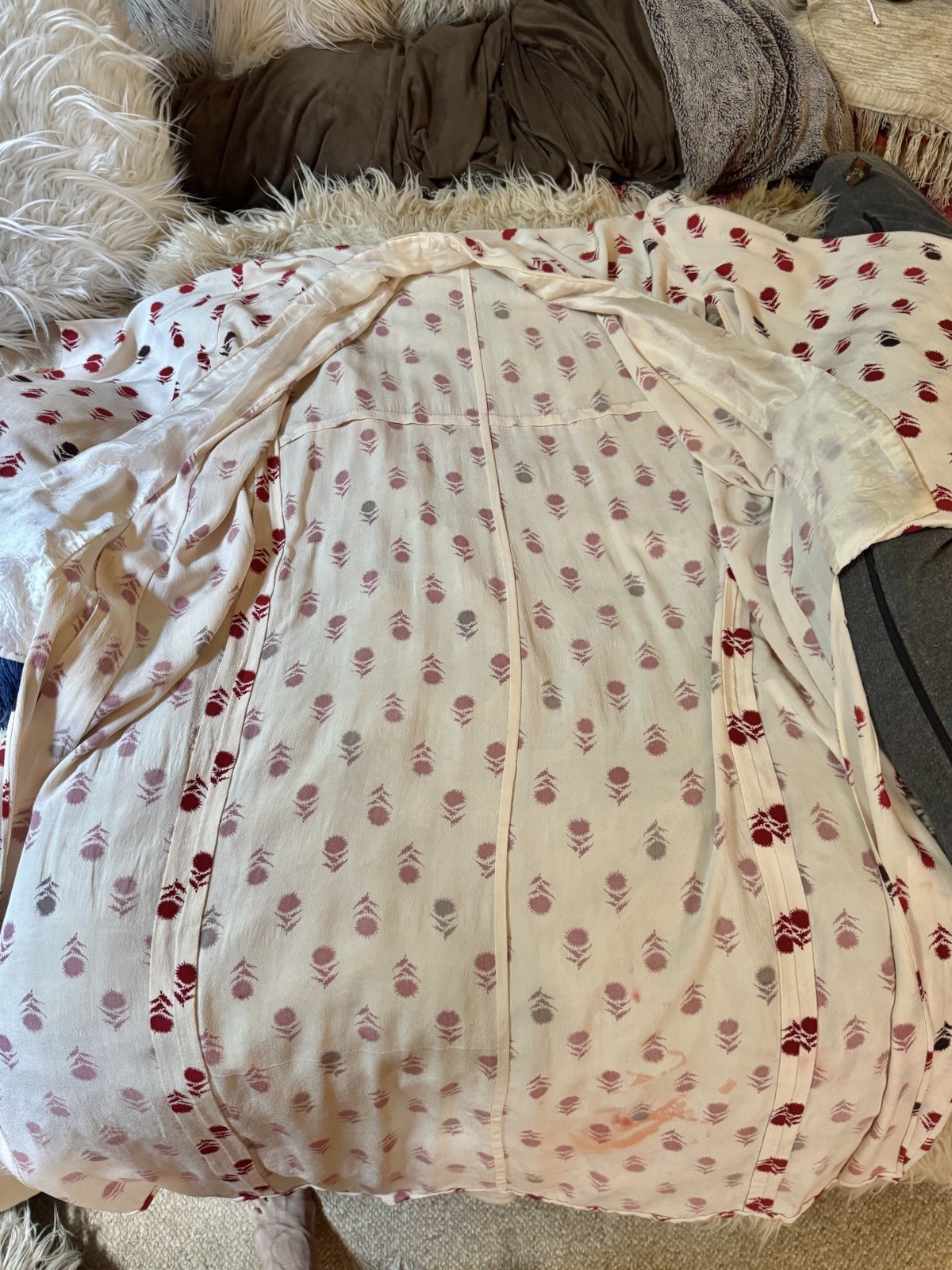 Vtg Kimono Silk Crepe Extreme Long Sleeves Duster Jacket Robe Off White Red