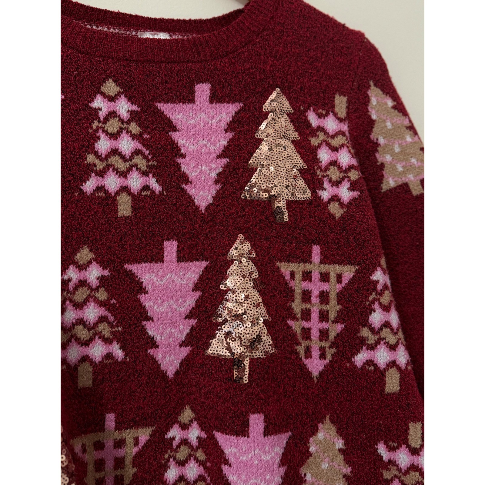 Holiday Time Burgundy Pink Christmas Tree Gold Sequin Sweater L Cozy Ugly Party