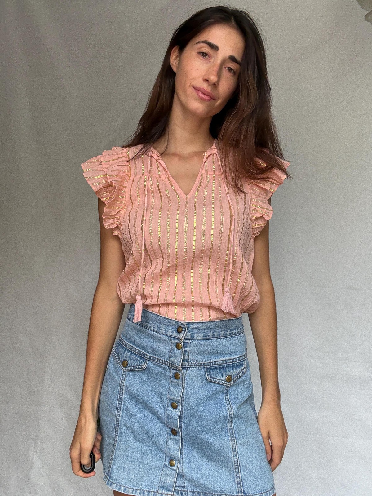 Pink and gold striped cotton top, XS