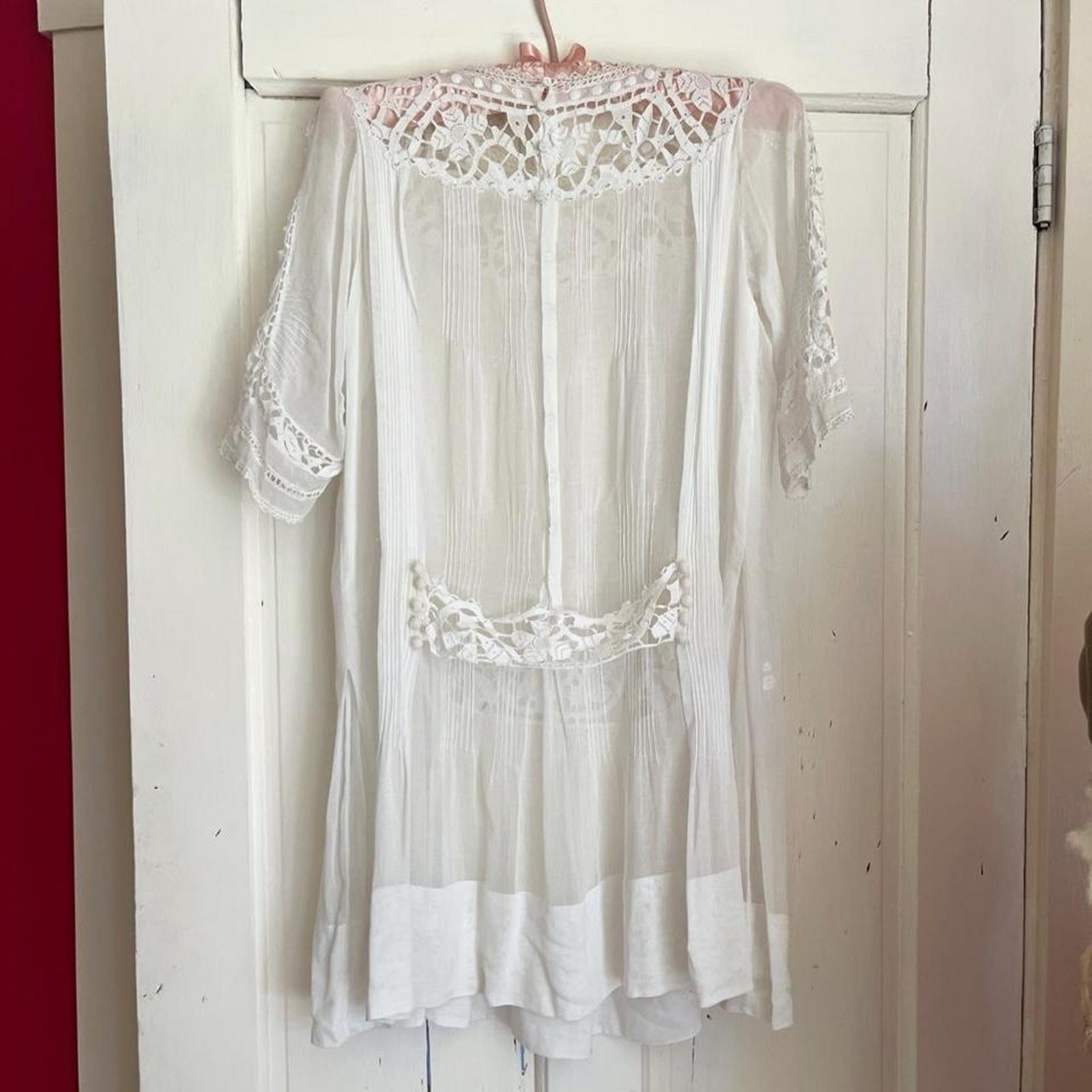 Antique 1920s White Sheer Cotton Iris Floral Crochet Lace Flapper Blouse Size XS