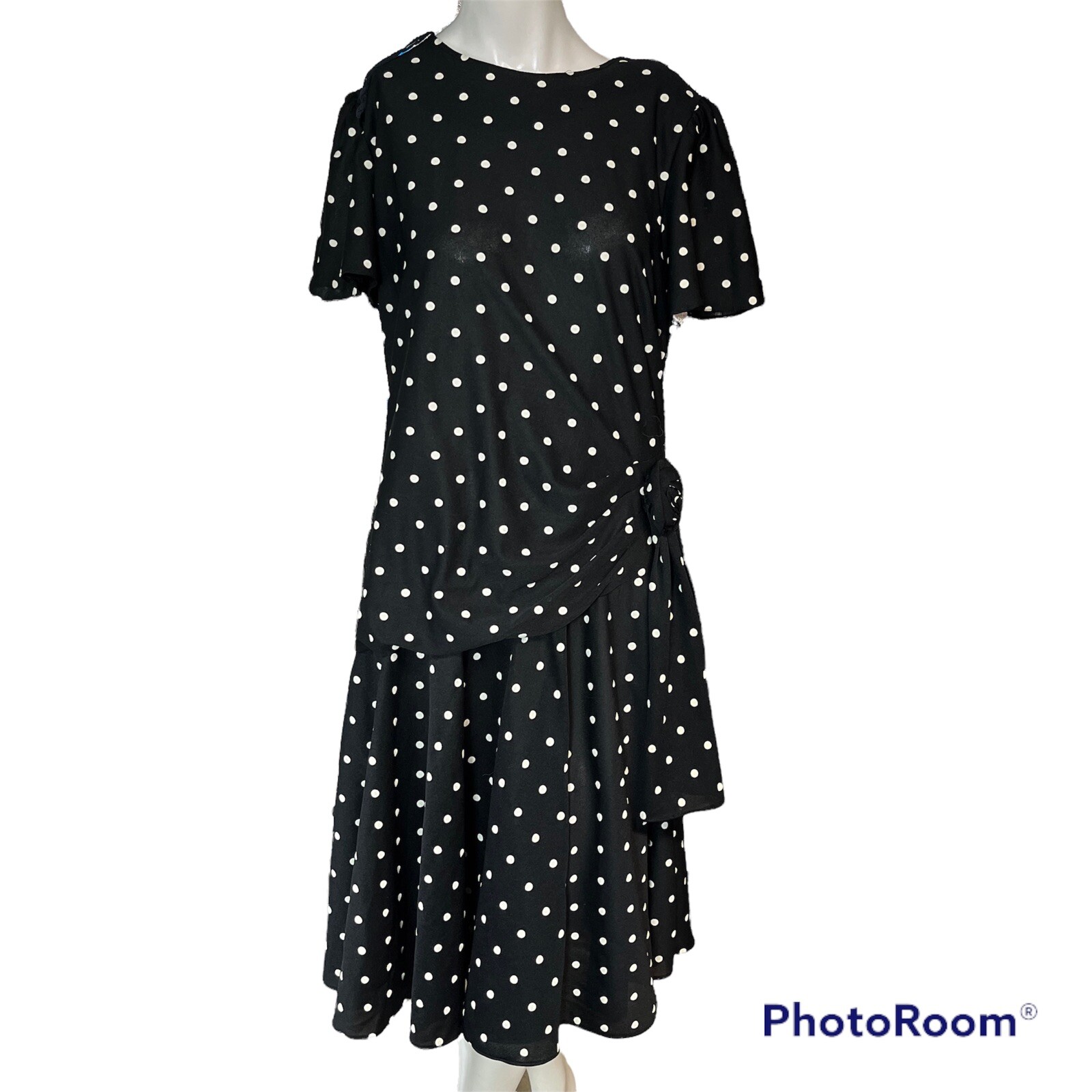 Vintage Black Dress Size 15 16 Black White Polka Dot Gathered Party Classic 80s