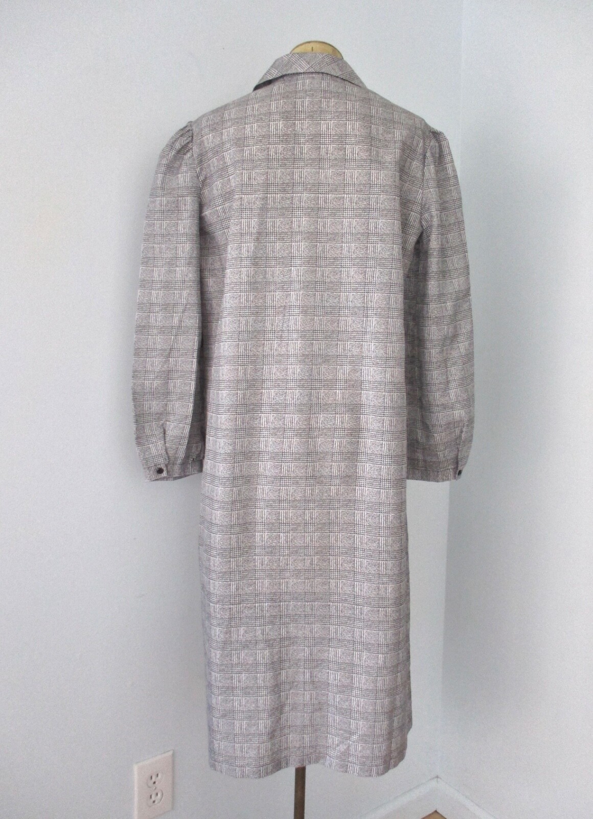 Vtg 70s Walden Black White Checker Plaid Silky Poly Secretary Shirt Dress USA 18
