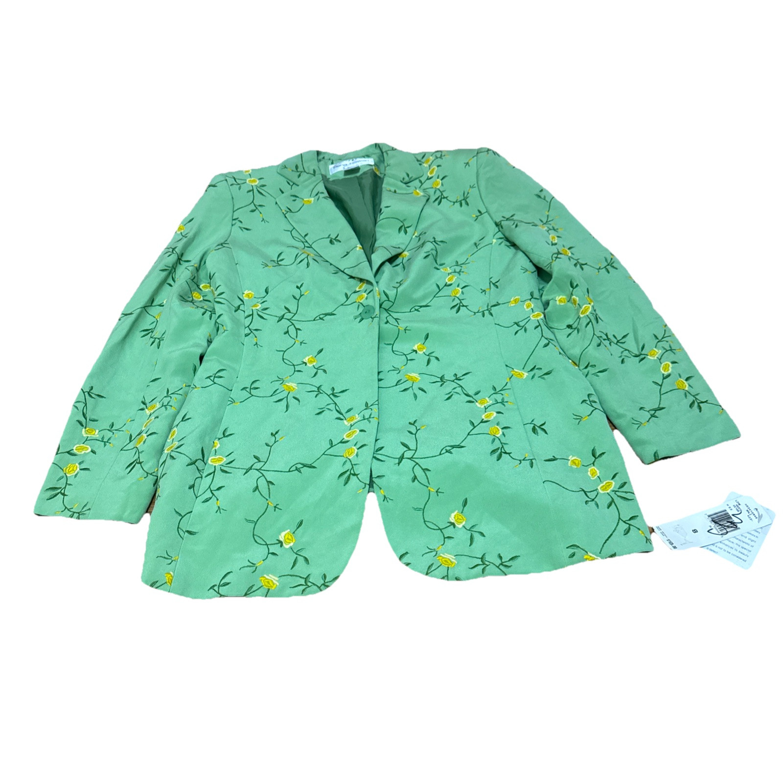 Vintage Rena Rowan Fully lined Grass Green Embroidered Silk Blazer Size 8