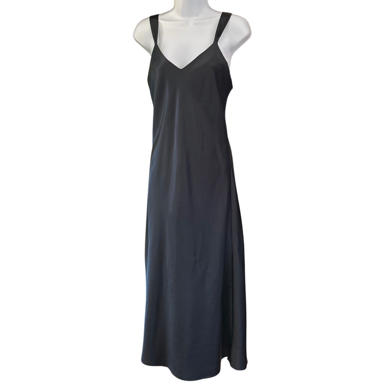 Vintage Cacique Satin Slip Dress Minimalist Goth Grunge Black Midi Lingerie S