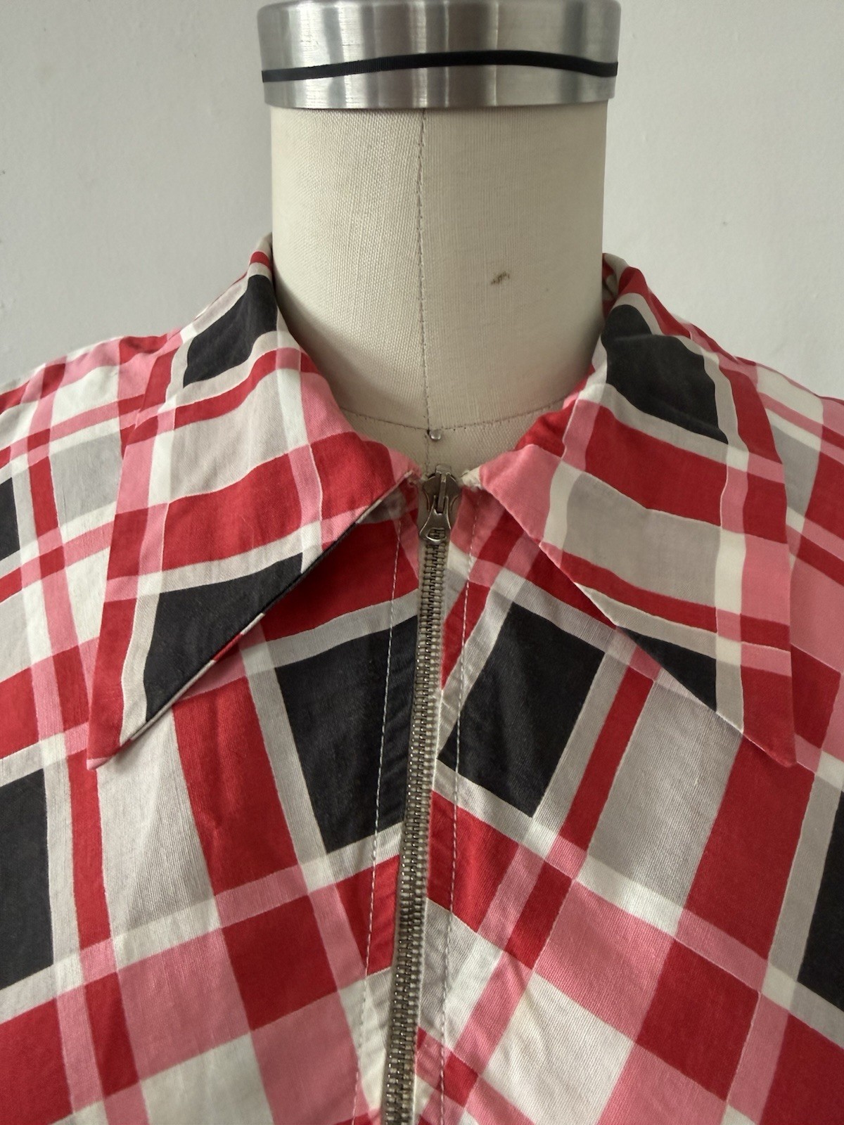 30s Glazed Cotton Plaid Pointed Collar 1/4 Zip Halter Dress Midi Sportswear S/M