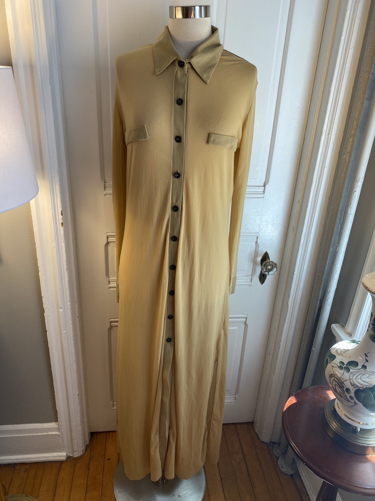 PETIT POIS BY VIVIANA G LONG A-LINE BEIGE DRESS-SIZEL-100% NYLON-BUTTON FRONT!!