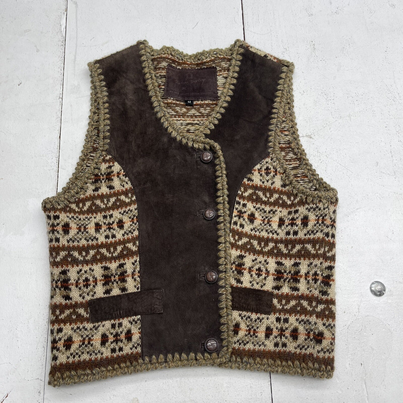 Vintage Rene Derhy Brown Wool Leather Button Up Vest Women’s Size Medium