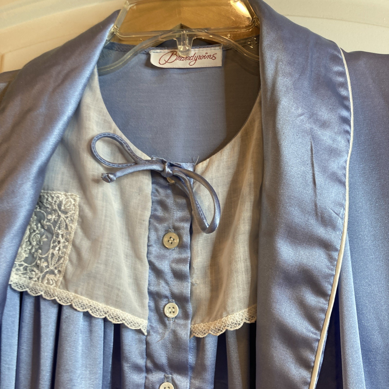 Vintage Brandywine Blue Satin Long Nightgown & Matching Robe Lace Retro MCM M/L