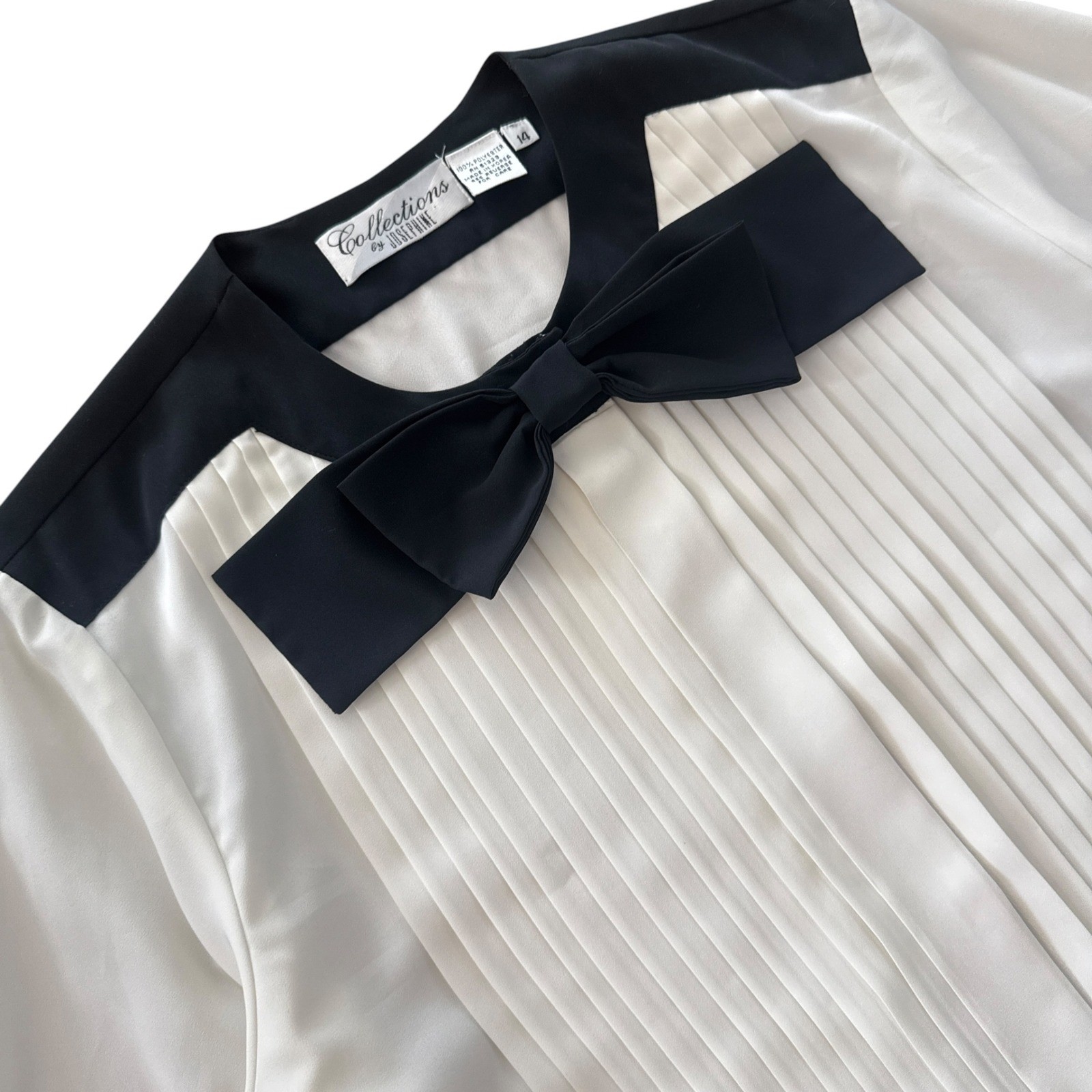Collections by Josephine Tuxedo Blouse Pleated Bow Secretary Top 14 Black White