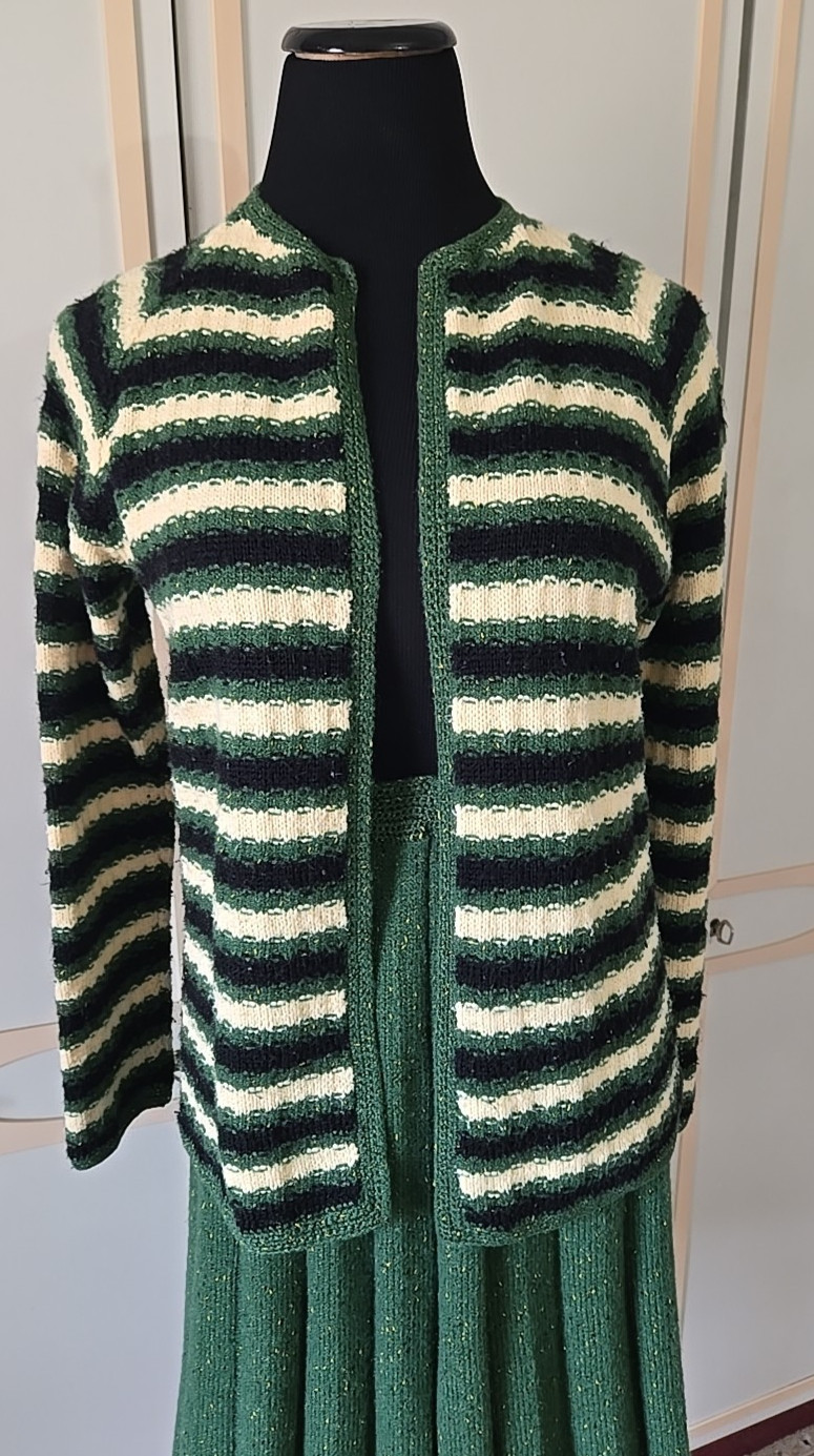 Vintage 60s Heavy Knit Set~ Sweater with Pleated Skirt in Geek Stripes, Midi ~ S