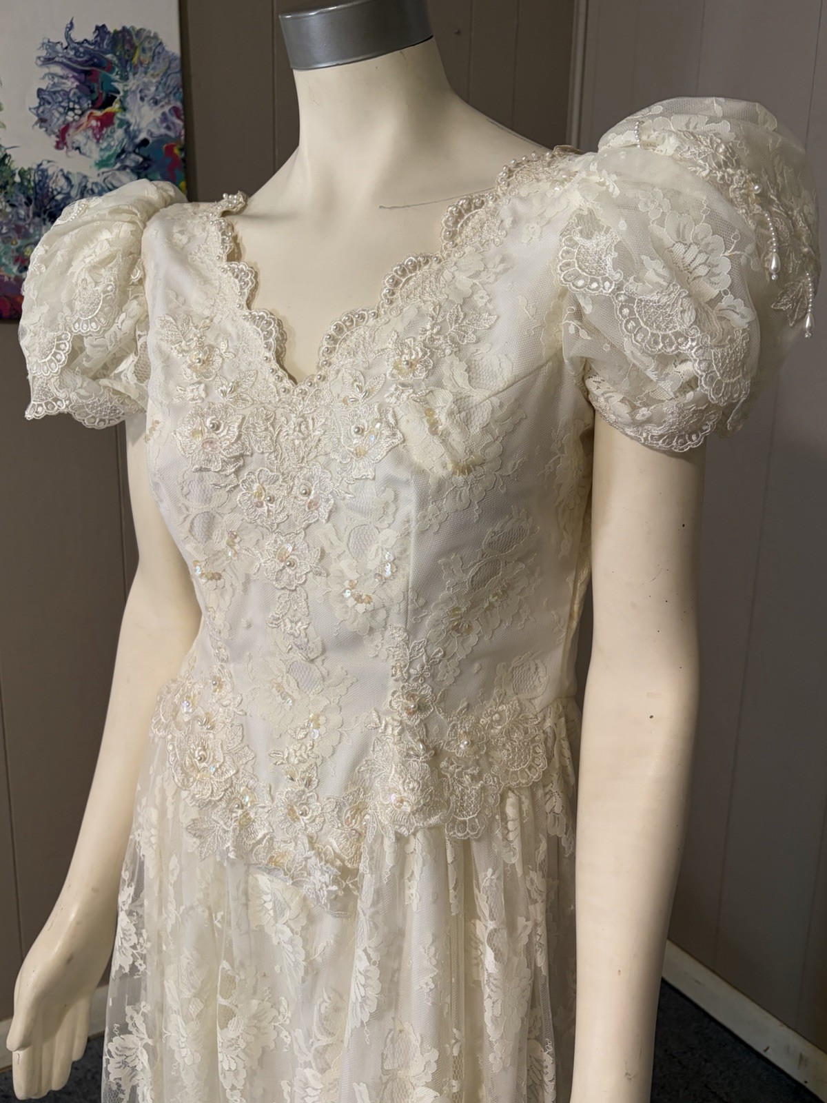 1990’s Puff Sleeve Lace Midi Wedding Dress Cottage Core Sz 12