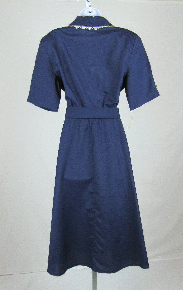 VTG 1970s 80s BETSY LAUREN BLUE DRESS SIZE 9-10 WHITE LACE TRIM BELT POLY RAYON