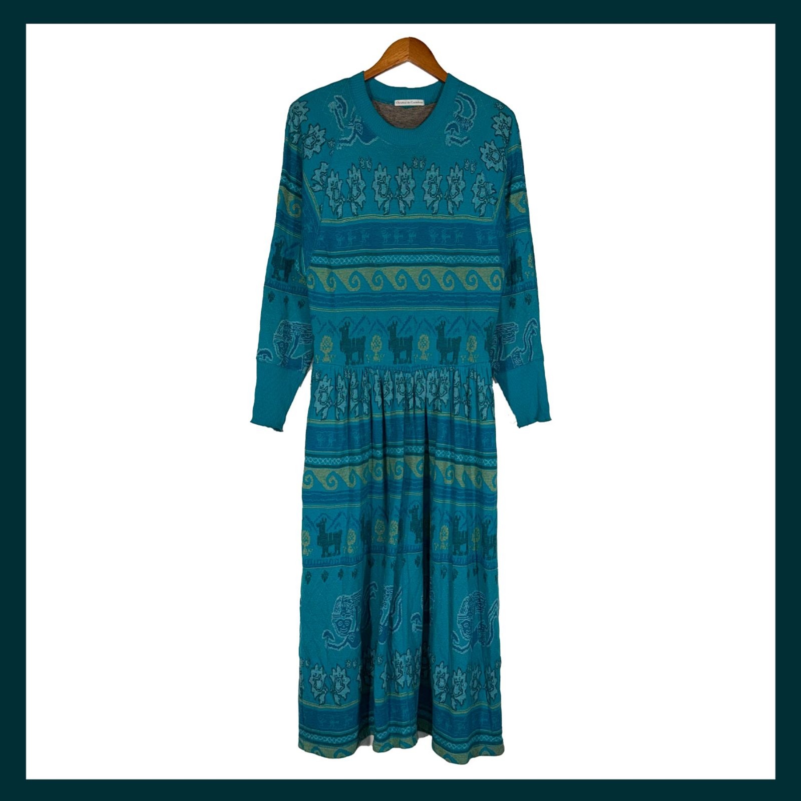 Vintage Christian de Castelnau Teal Cotton Maxi Sweatshirt Dress M Folk USA