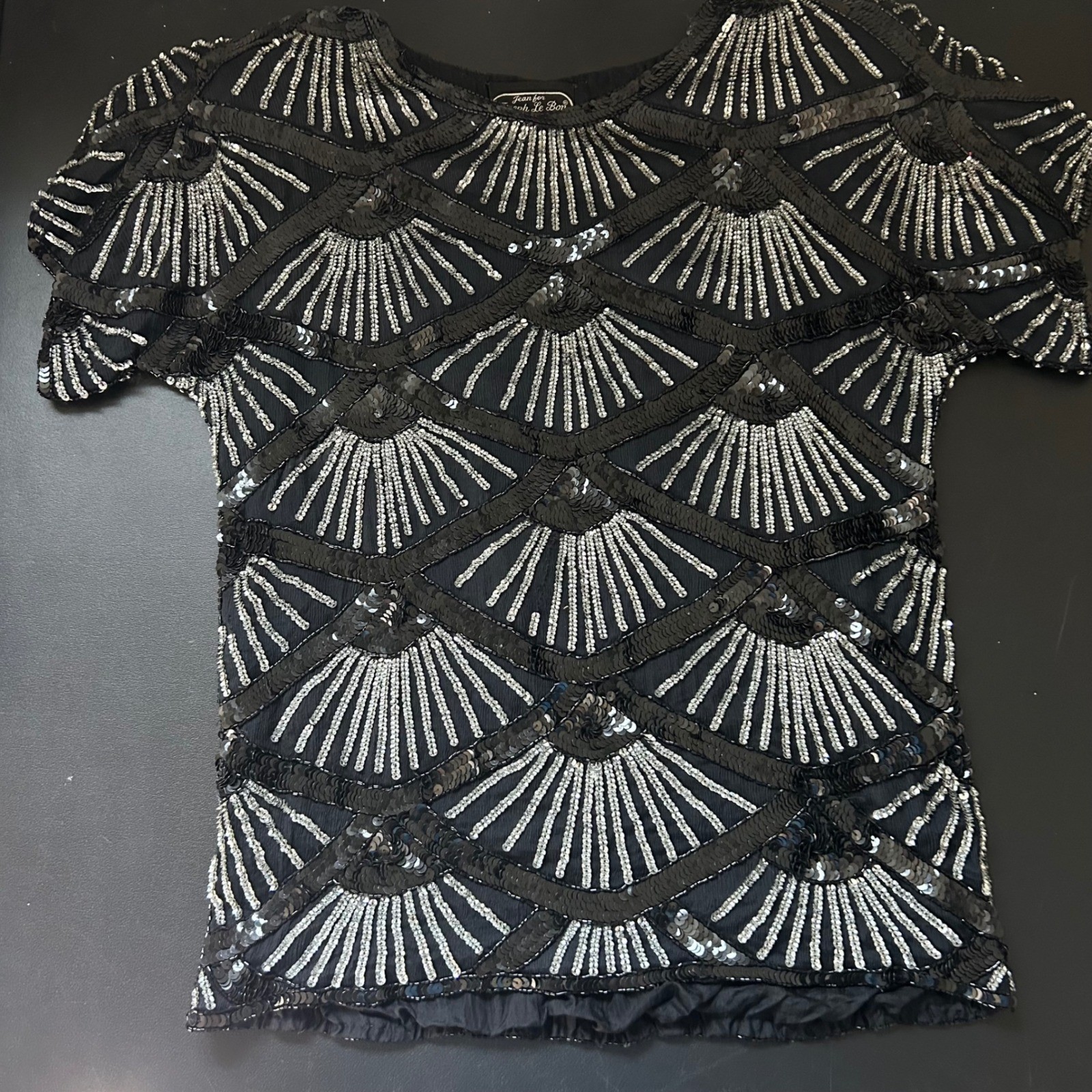 Vintage 80’s Joseph Le Bon Silk Sequin Art Deco Fan Blouse Black Silver XL