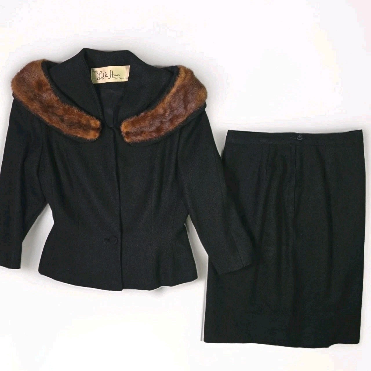 Vintage Lilli Ann Black Wool Suit Set w Genuine Fur Collar 2 Pc Small