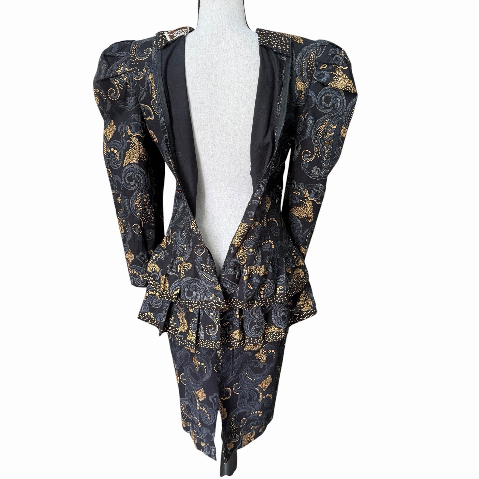 VTG 80s Black Gold Paisley Peplum Dress Puff Sleeve Cocktail Glam Power Suit