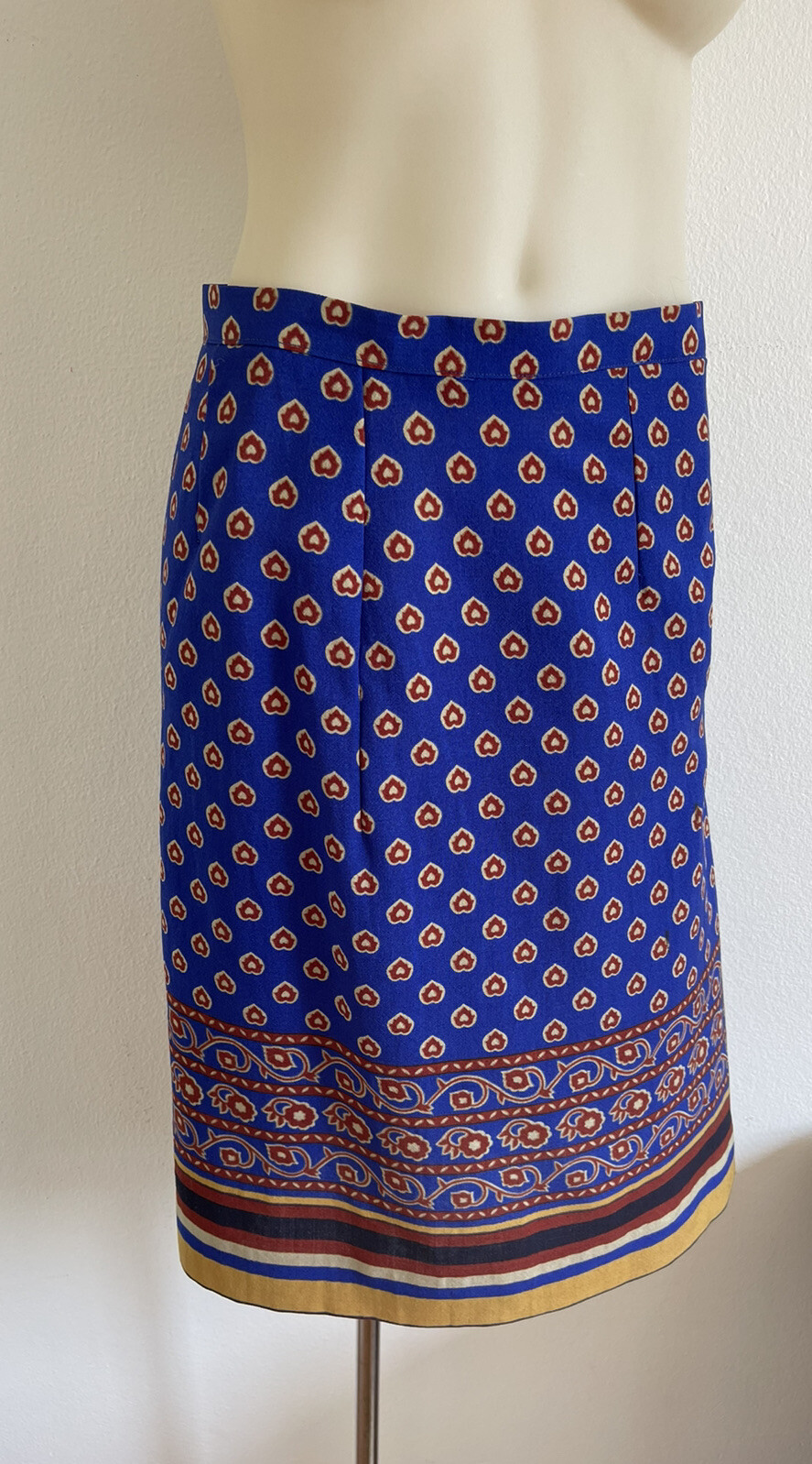 GUY LAROCHE 1980s Vintage Wool Skirt Cobalt Blue Block Print Handmade Size FR42