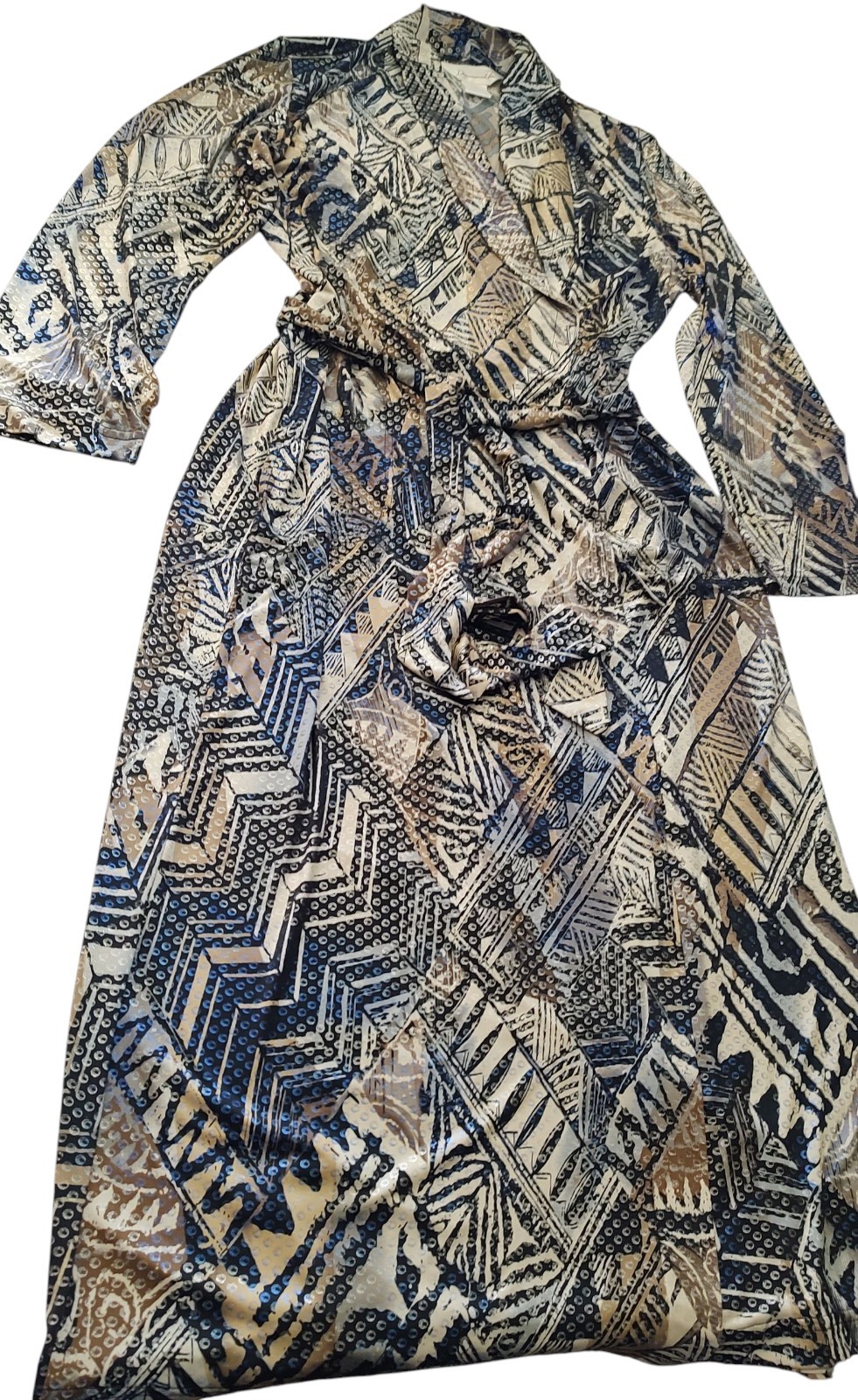 Vintage Diamond Tea Robe Geometric Long Strech Long Flared Sleeves Womens Small