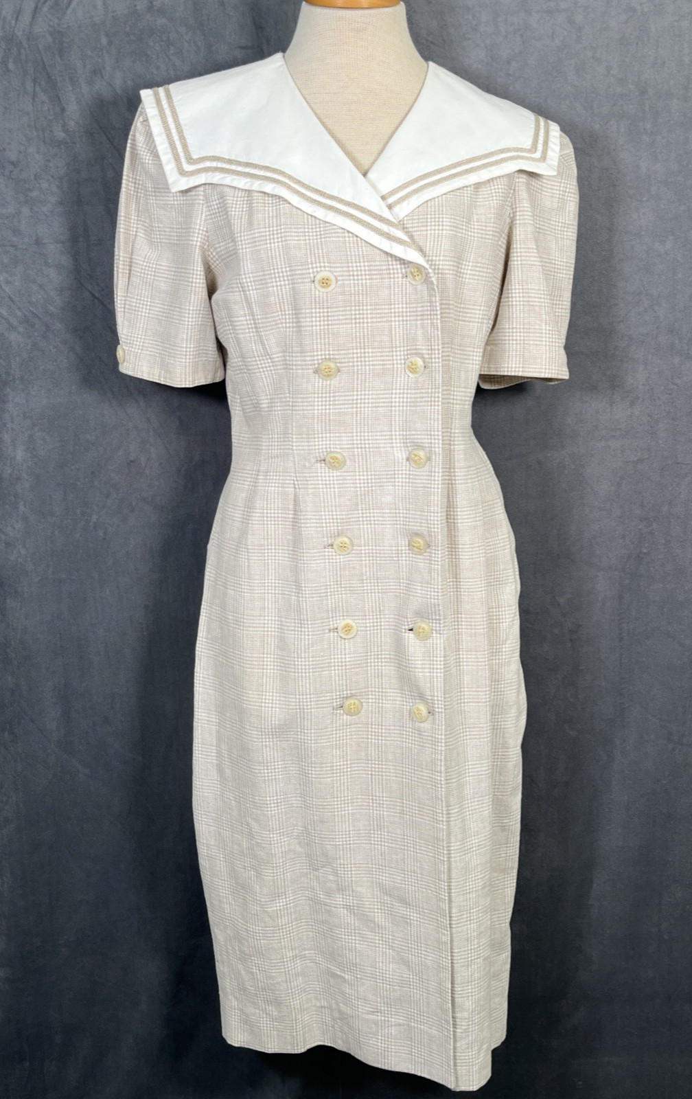 Vintage Sharon Young Button Up Plaid Dress No Size Retro Big Collar Charity