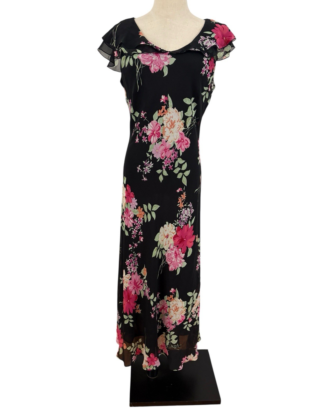 Vtg 90s Chadwick’s Black Floral Long Dress Silk Flutter Sleeve Ruffle Sz P10