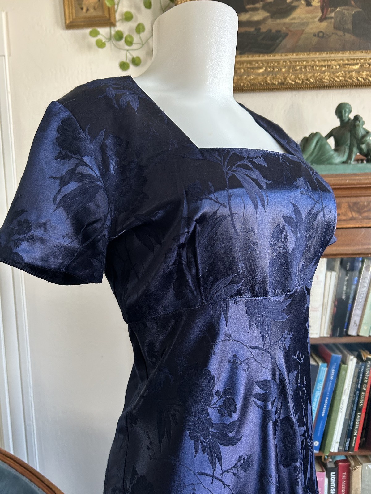 Vintage 1990s Deep Blue Satin Floral Maxi Dress Square Neck Bias Cut S 5/6 Y2K