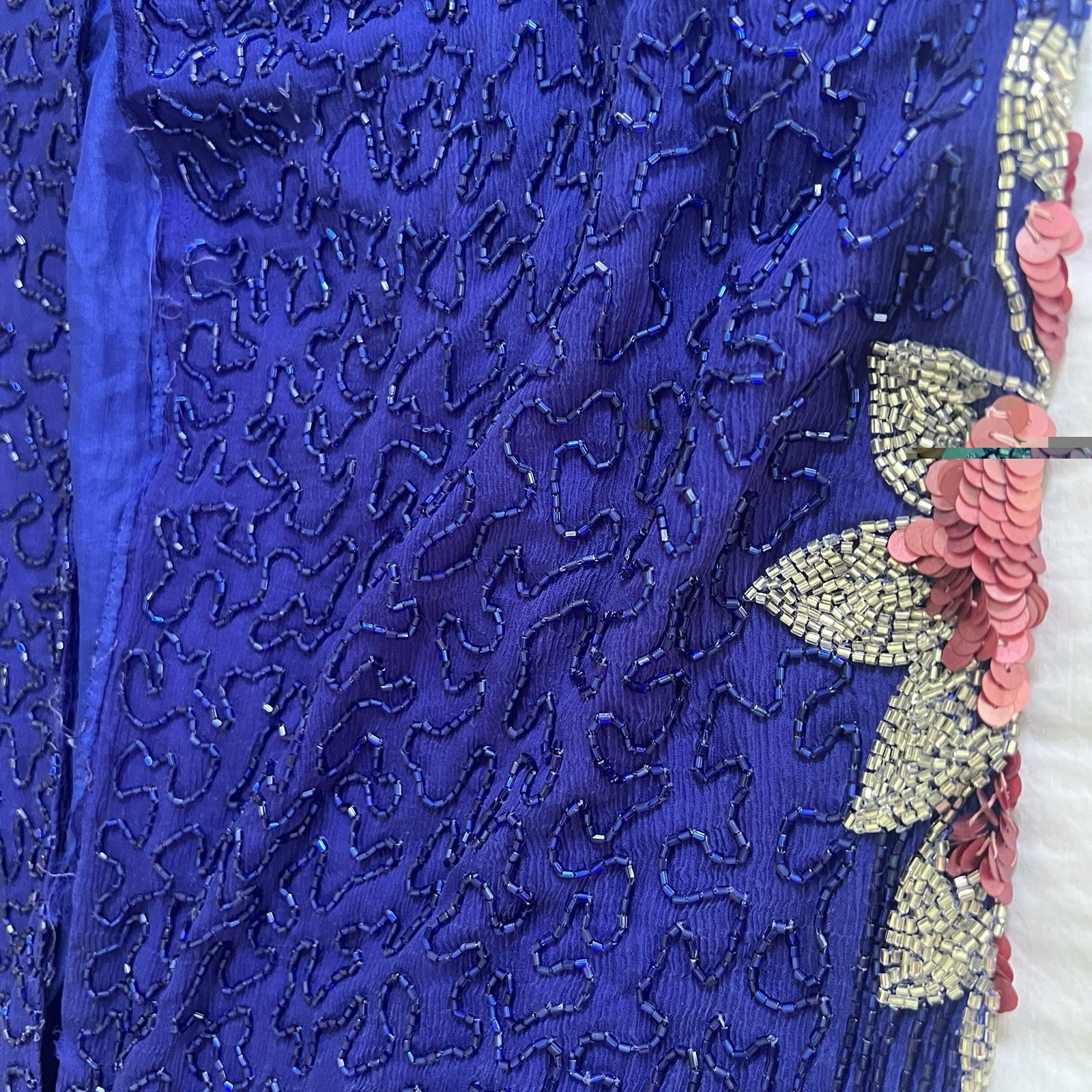 Vintage 80s Cobalt Blue Pink Silk Beaded Floral Maxi Duster Jacket Sequin