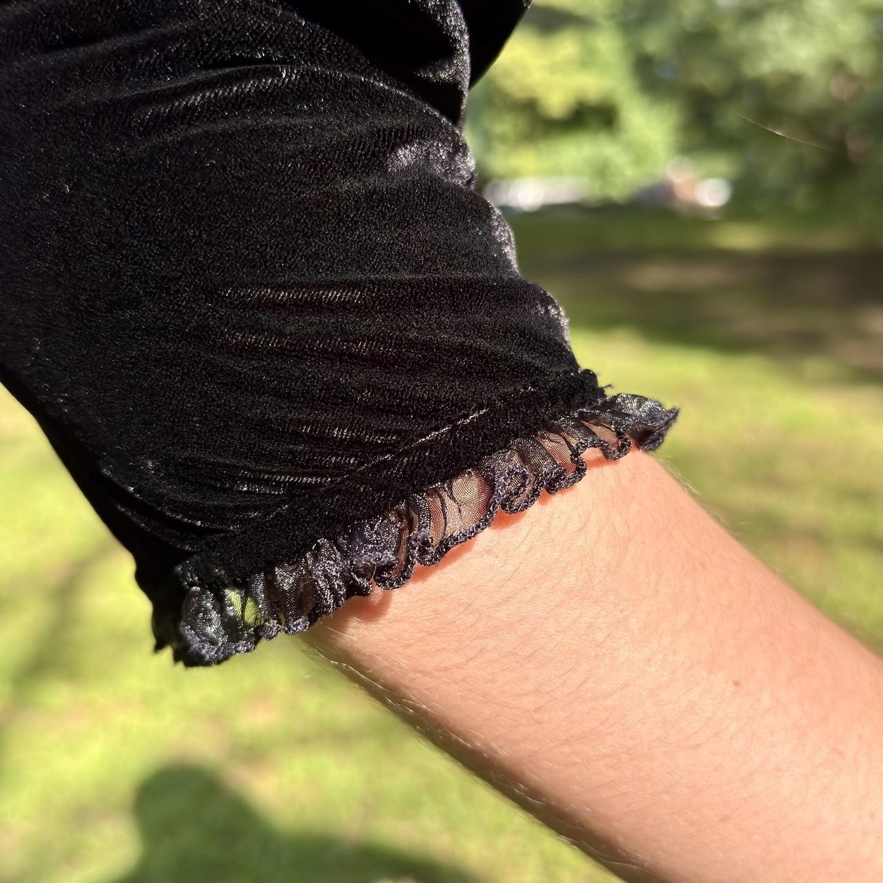 90s crushed black velvet maxi dress w/ mesh lace trim & long sleeve