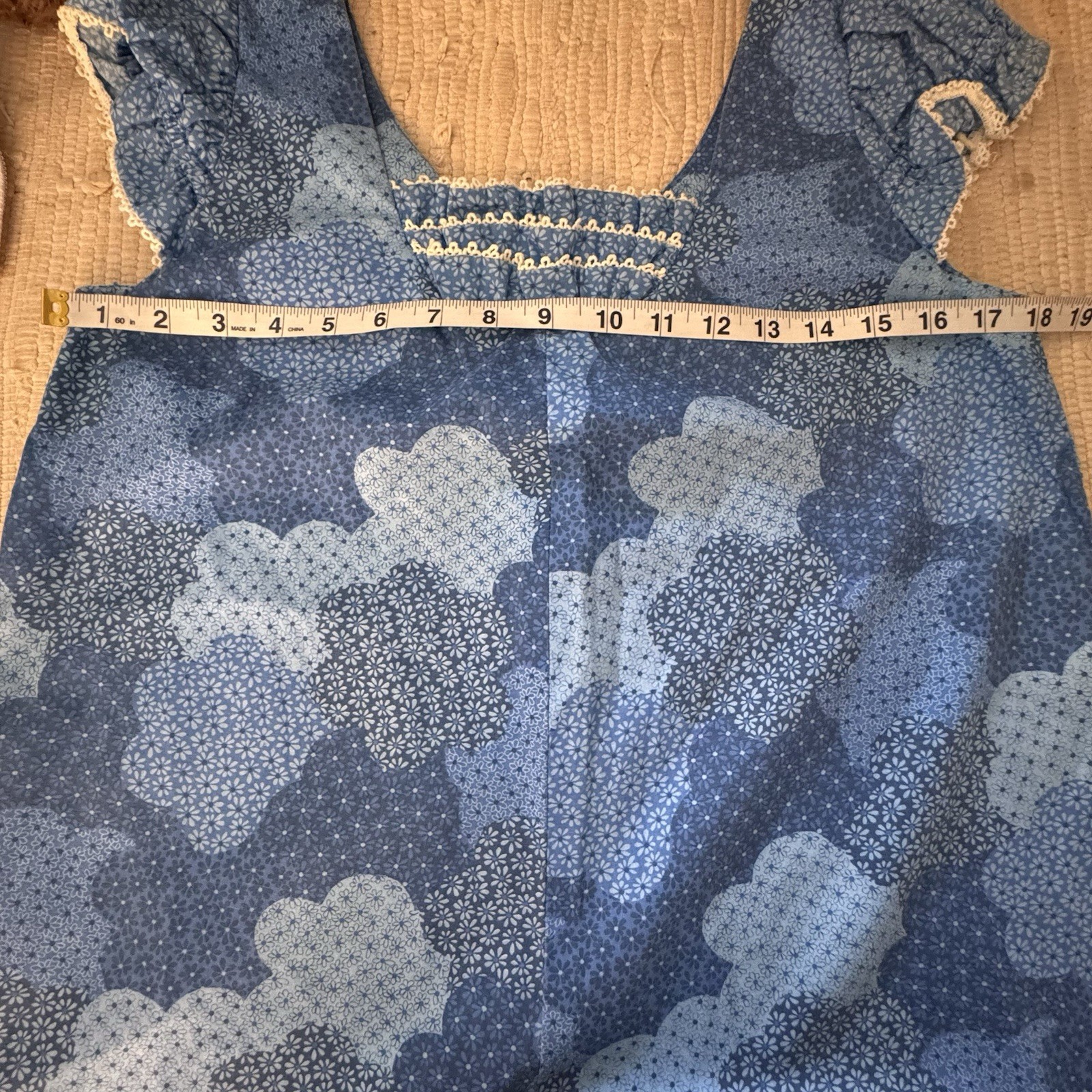 Vintage Penneys Hawaii Blue Floral Cotton Maxi Dress Pockets Lace Trim 9 S
