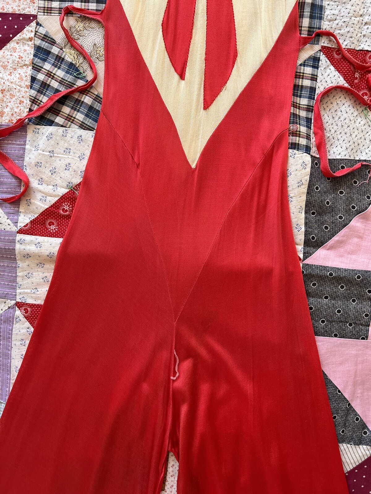 Vintage 1930s Red & Cream Trompe L’Oeil Rayon Jersey Beach Pajamas Jumpsuit Deco