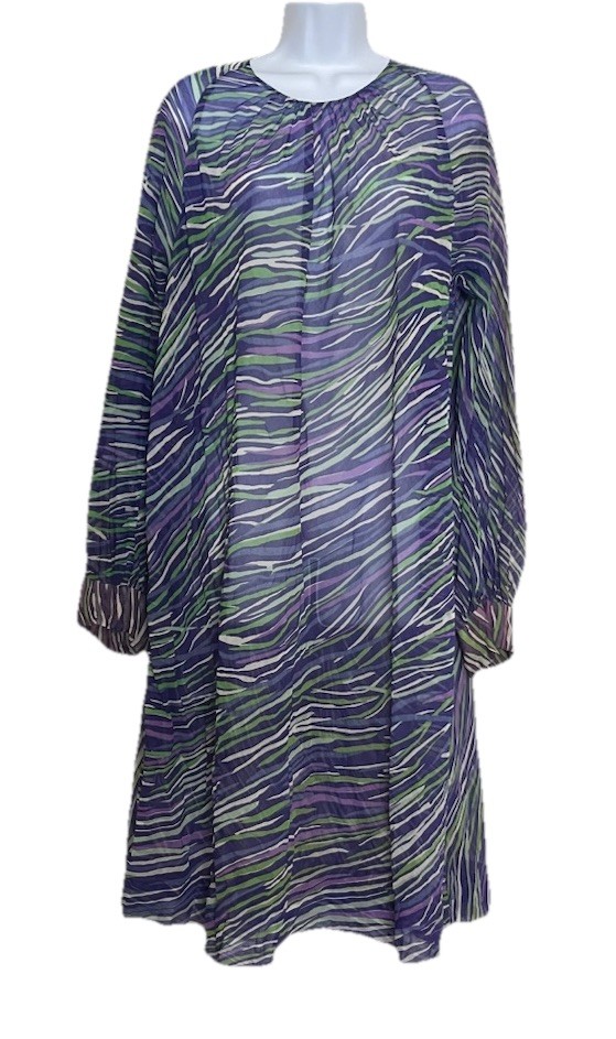 VTG Pauline Trigere Chiffon Midi Dress Abstract Geometric Wave Print 70s *NOTE