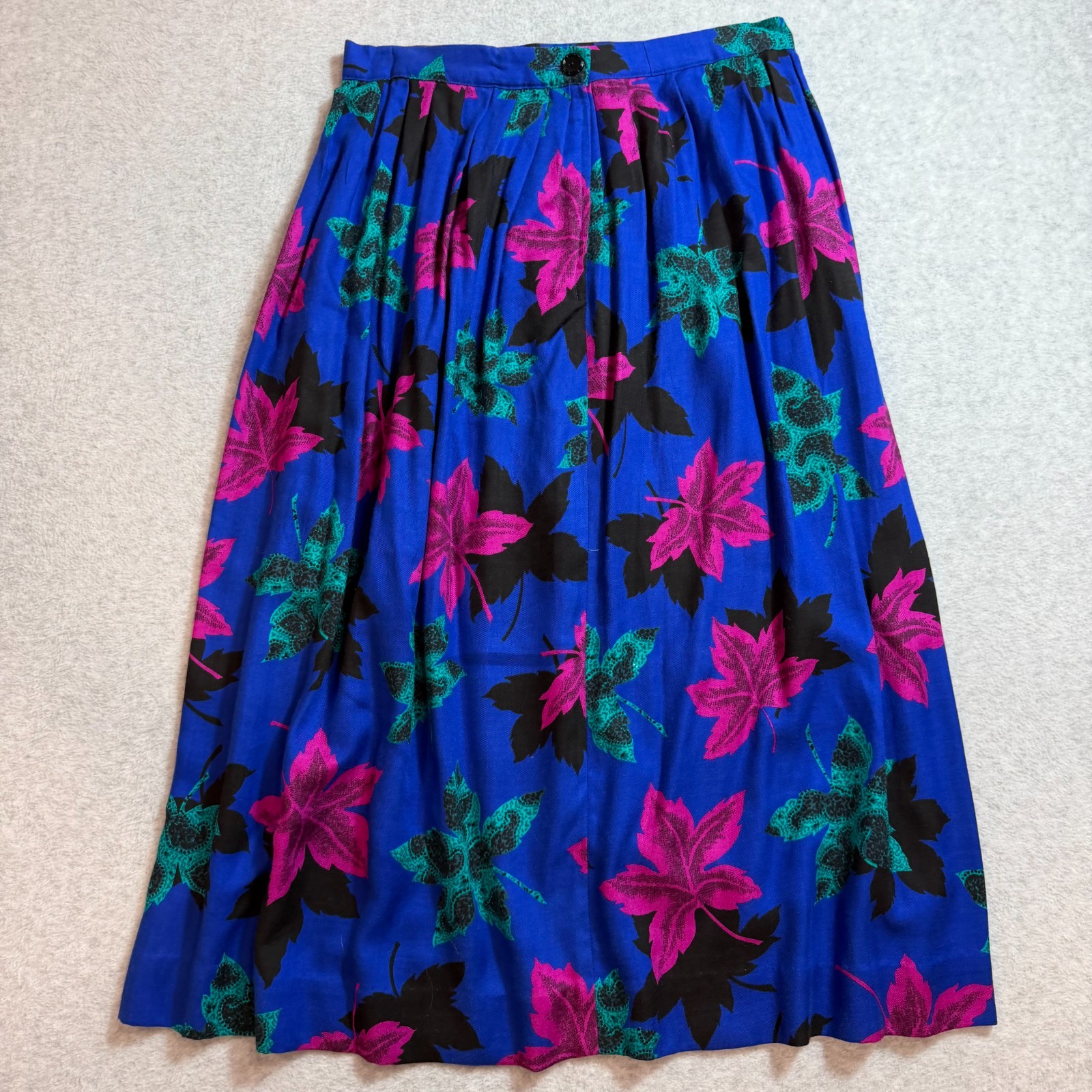 Vintage 80s/90s Vibrant Leaf Print Pleated Midi Skirt Royal Blue, Magenta & Teal