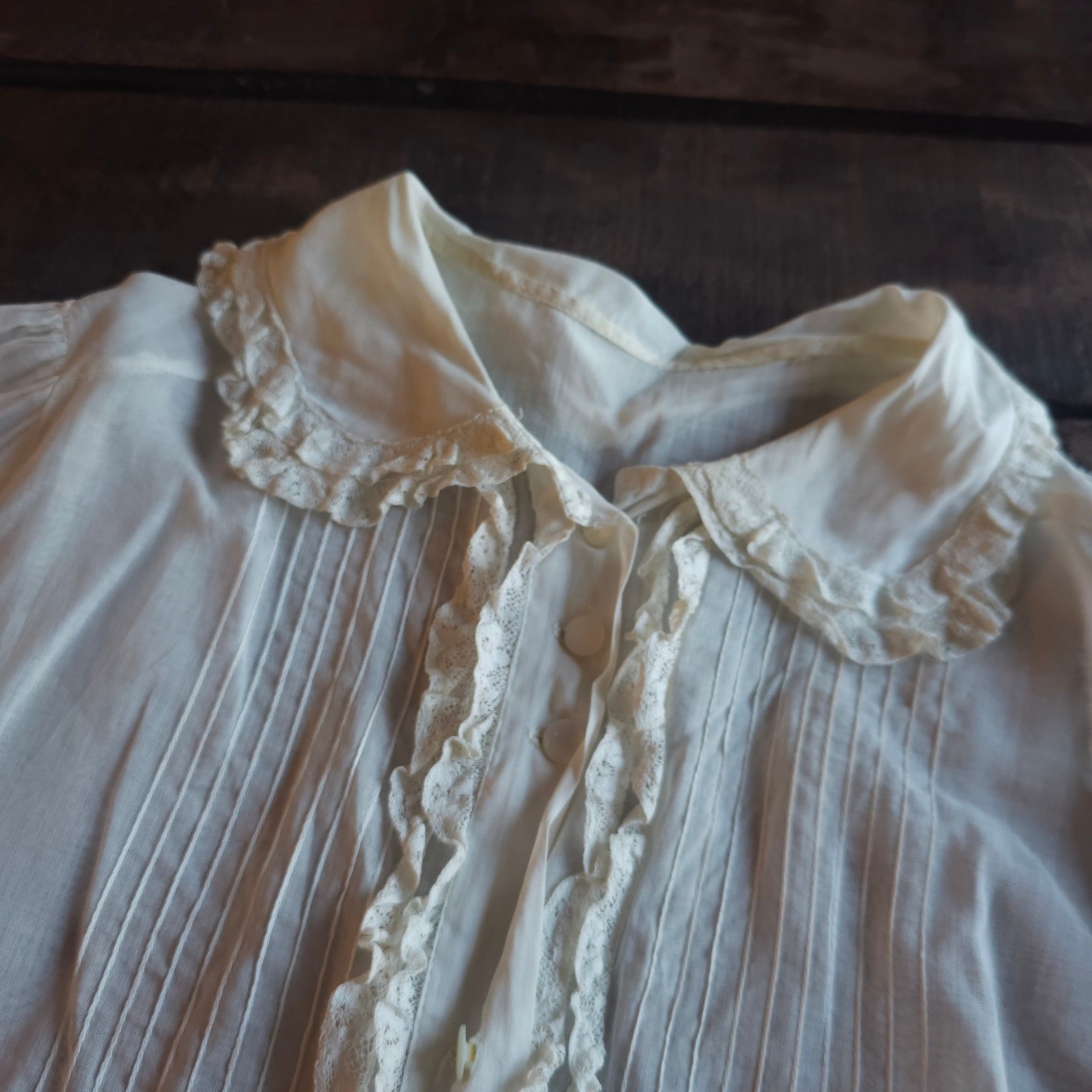 Antique White Cotton Lawn Blouse Pintuck Lace Trim Edwardian Short Sleeve Top
