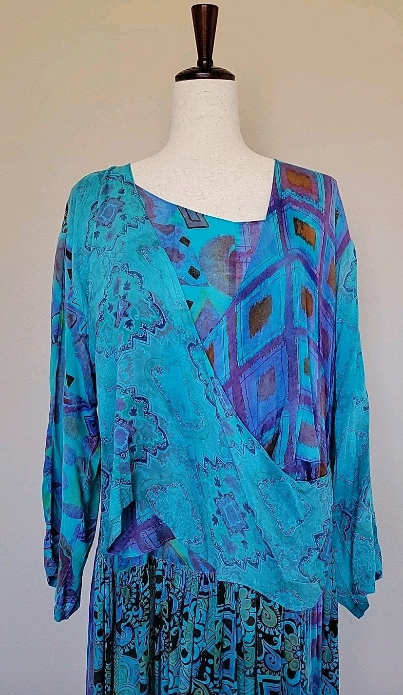 Vtg URU Womens Maxi Dress One Sz Oversized Tiered Lagenlook Drop Waist Floral