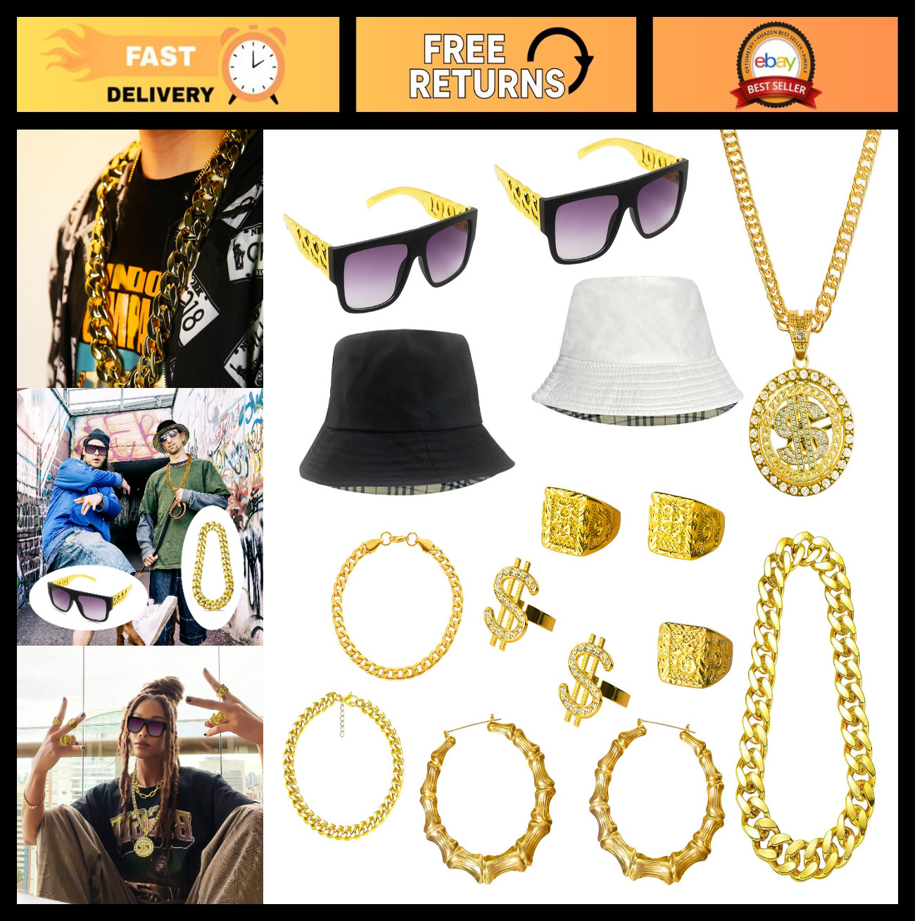 80s 90s Hip Hop Costume Kit – Rapper Accessories for Men & Women, Cosplay Party