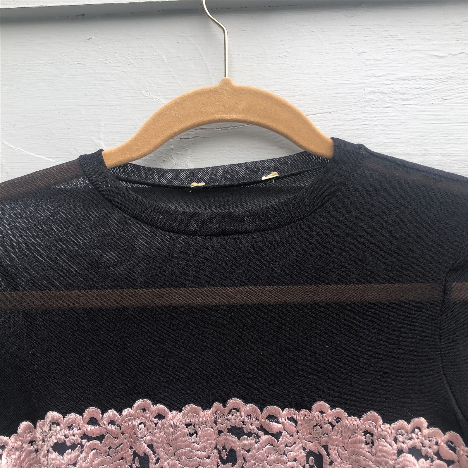 Vintage Black Sheer Mesh Camisole Wide Pink Lace Band Under Layer Garment Small