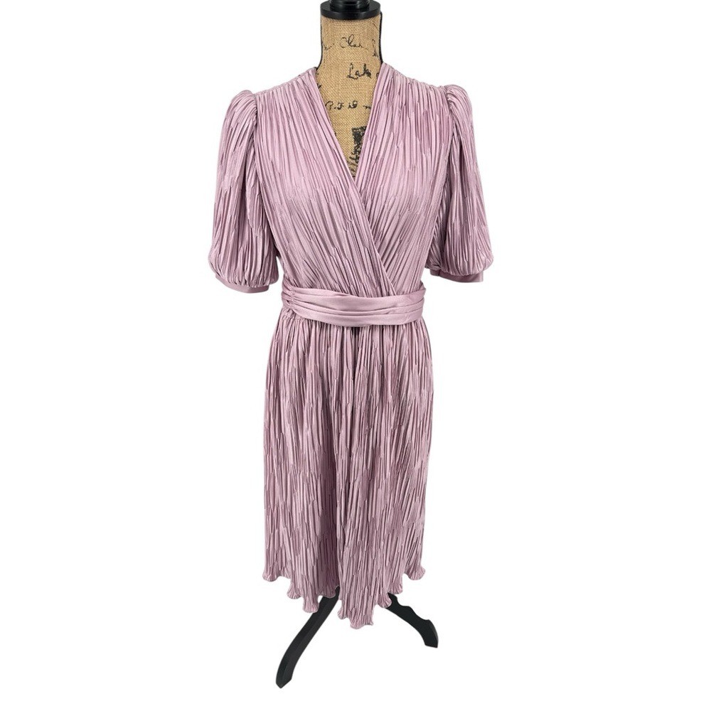VTG 80s Crinkle Pleated Faux Wrap Style Dress Dusty Pink Chrissy Threes Company