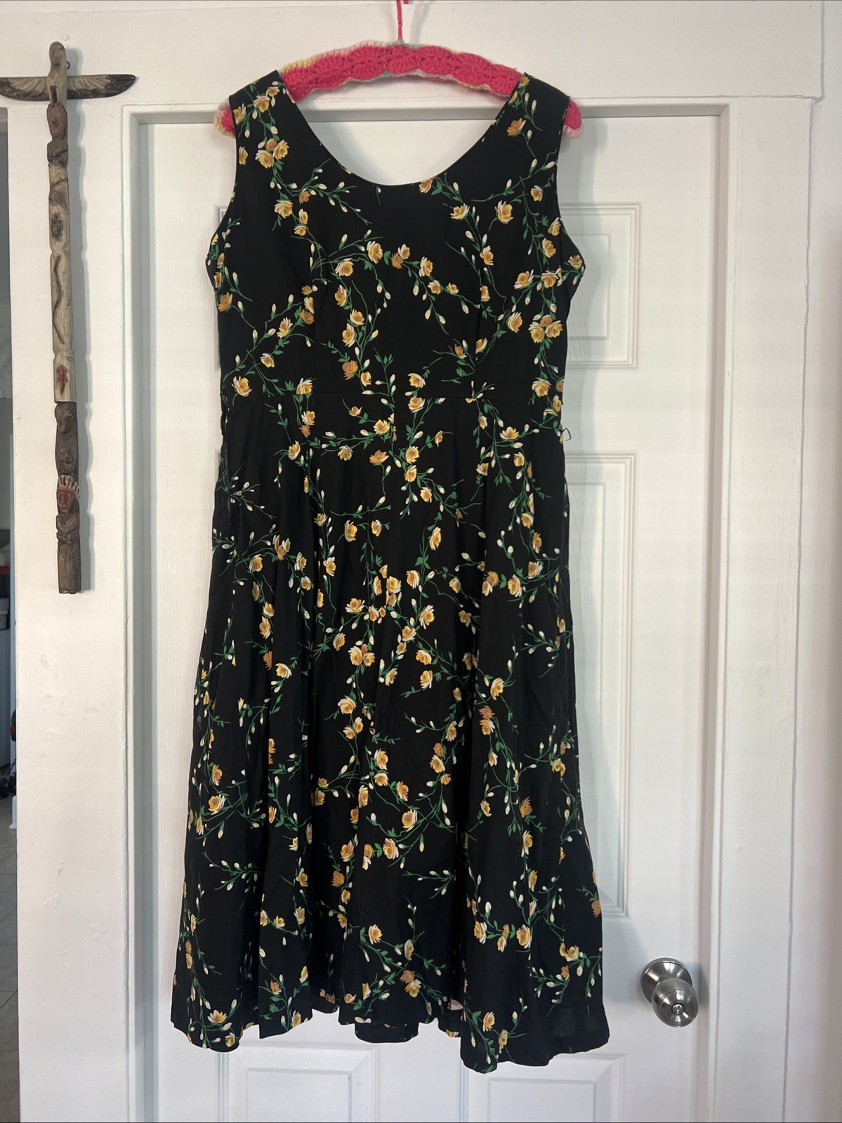 Vtg 40/50s Dark Floral Cotton Day Dress W Prong Set Rhinestones Side Zip XL