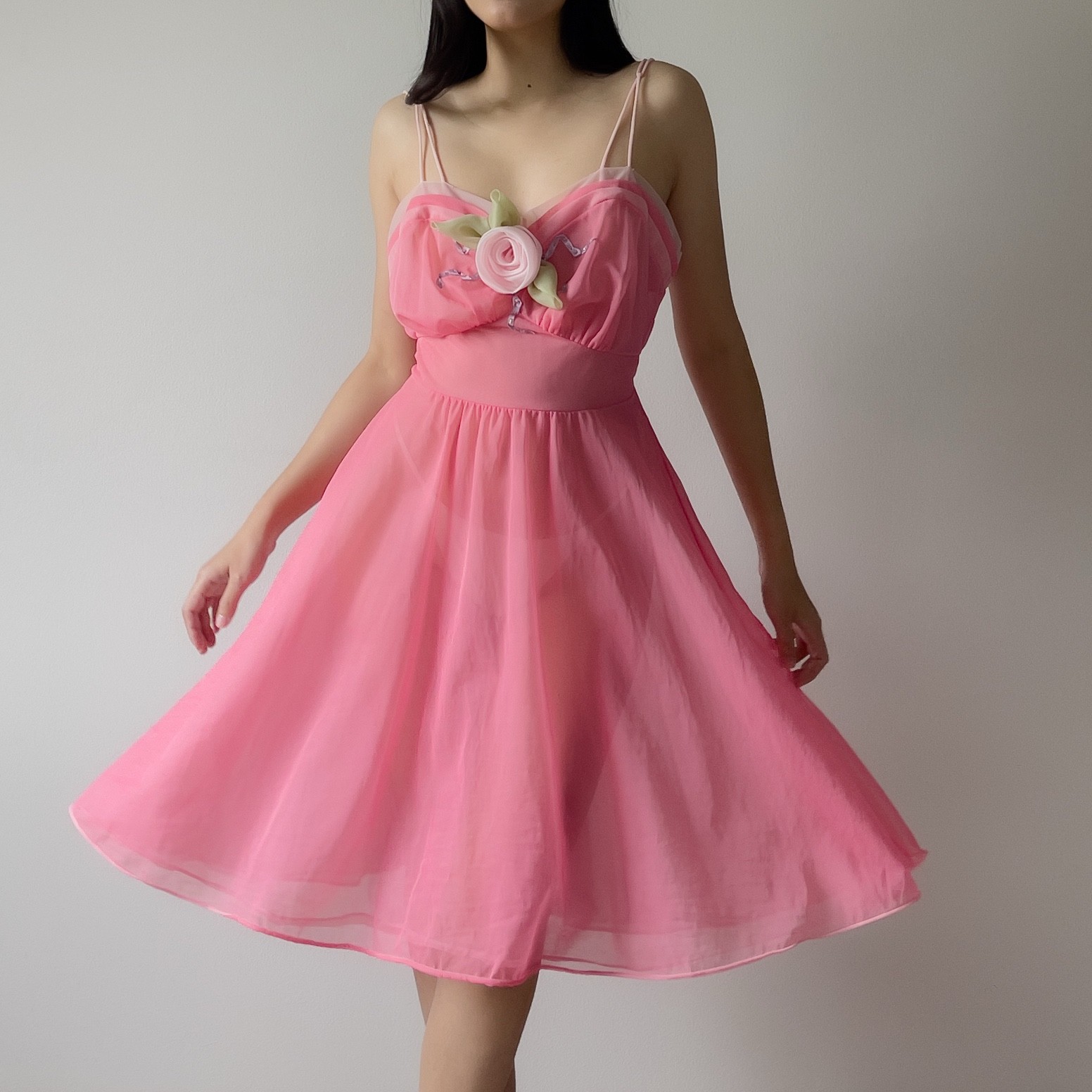 Vintage 1980s Pink Chiffon Semi-Sheer Nightgown (S–M)