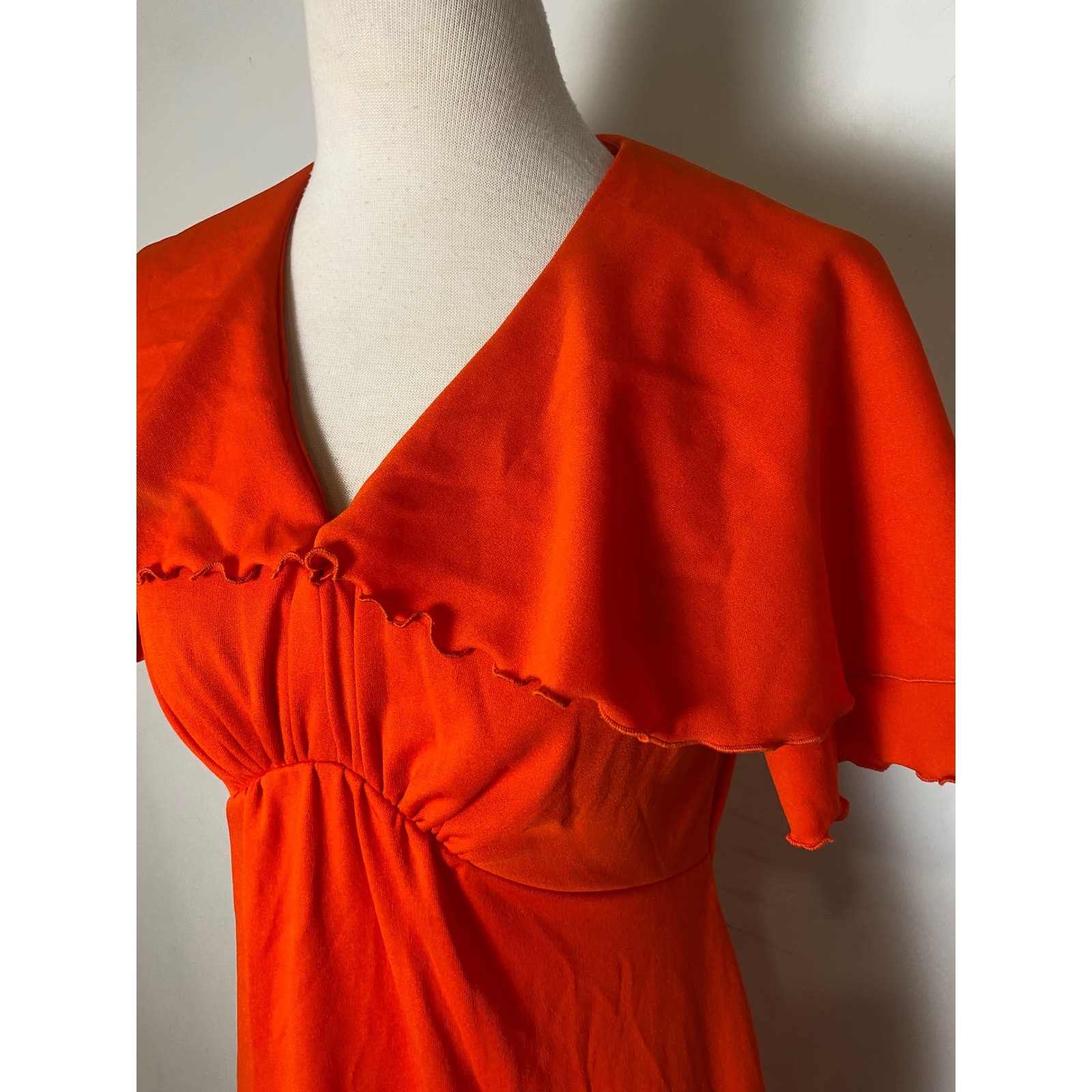 Vintage 70s Orange Fortrel Polyester Ruffle Halloween Empire Waist Maxi Dress S