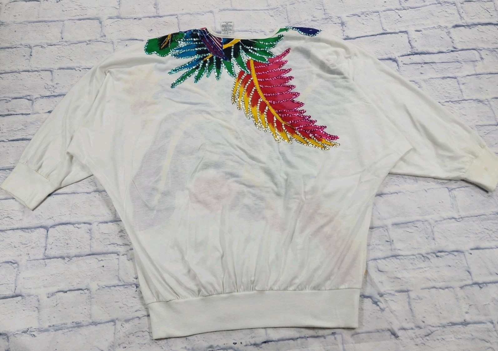 Bonnie Boerer Top WOMENS 2X Floral Sequins Shirt Beaded Retro VINTAGE 90s White