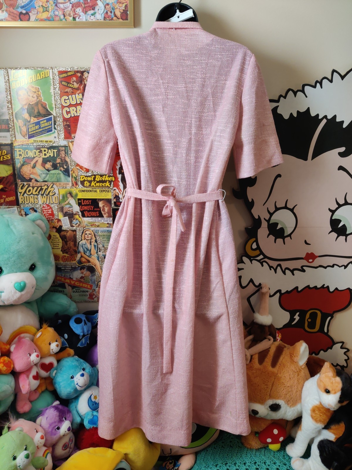 Vtg 70s Pink Sheer Casual Day Dress A Nancy Frock Peter Pan Collar Spring Summer