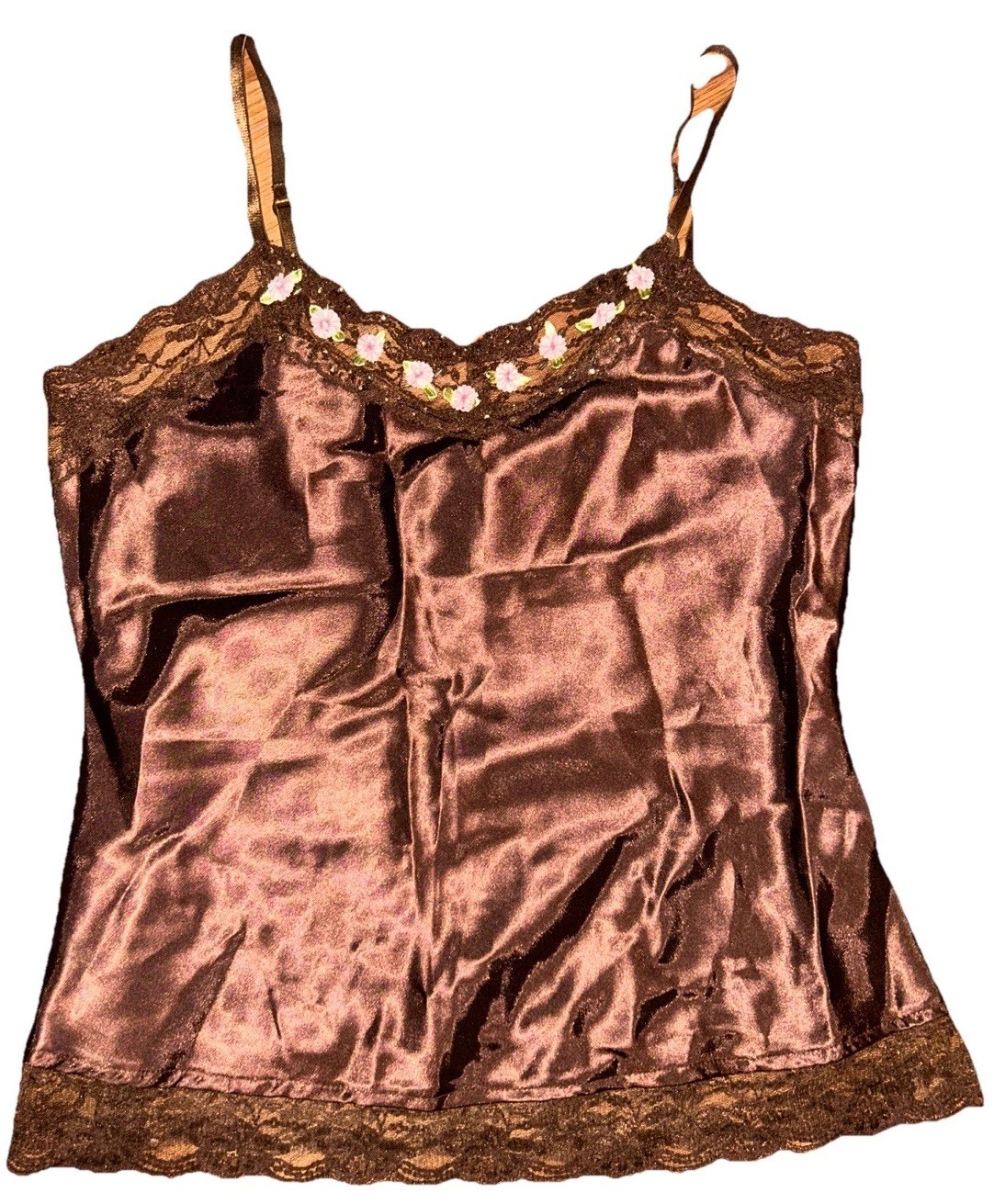 Vintage Y2K Deadstock One Step Up Satin Camisole Cami Top NWT Brown Rose Lace S
