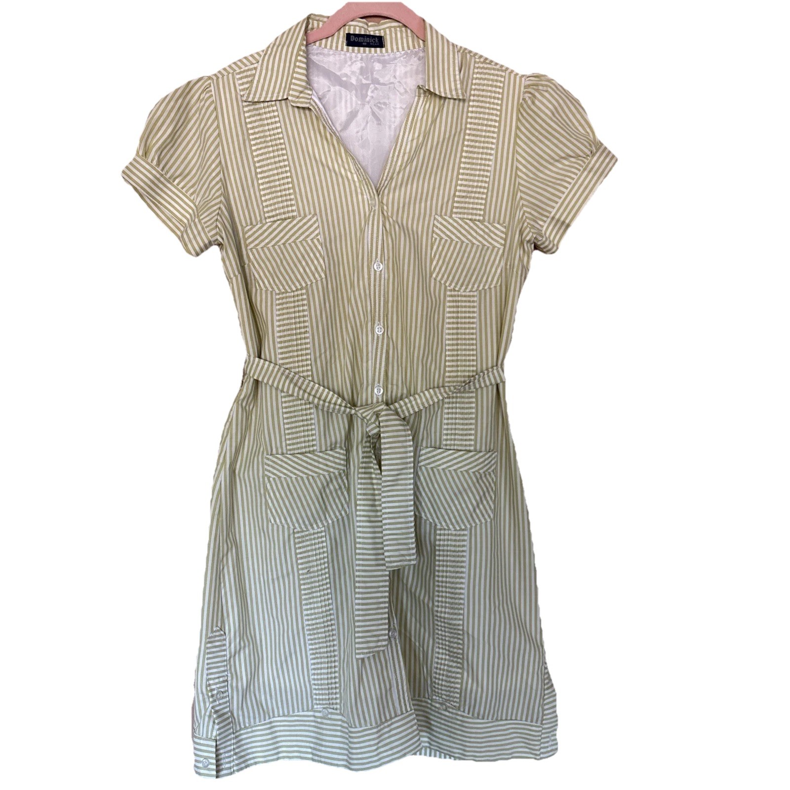 VTG Striped Shirt Dress With Belt And Pockets Green & White Puff Sleeve Sz M