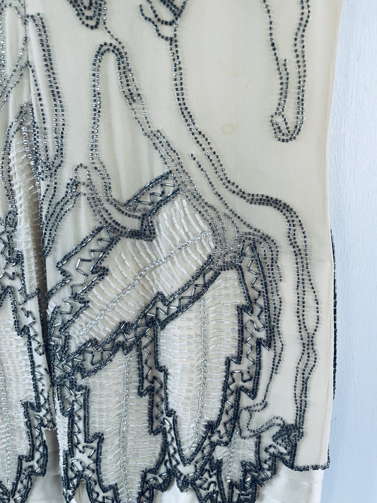 Vintage Fabrice Simon 1980s Beaded Handmade Silk Dress w/ Leaf Motif Over Skirt