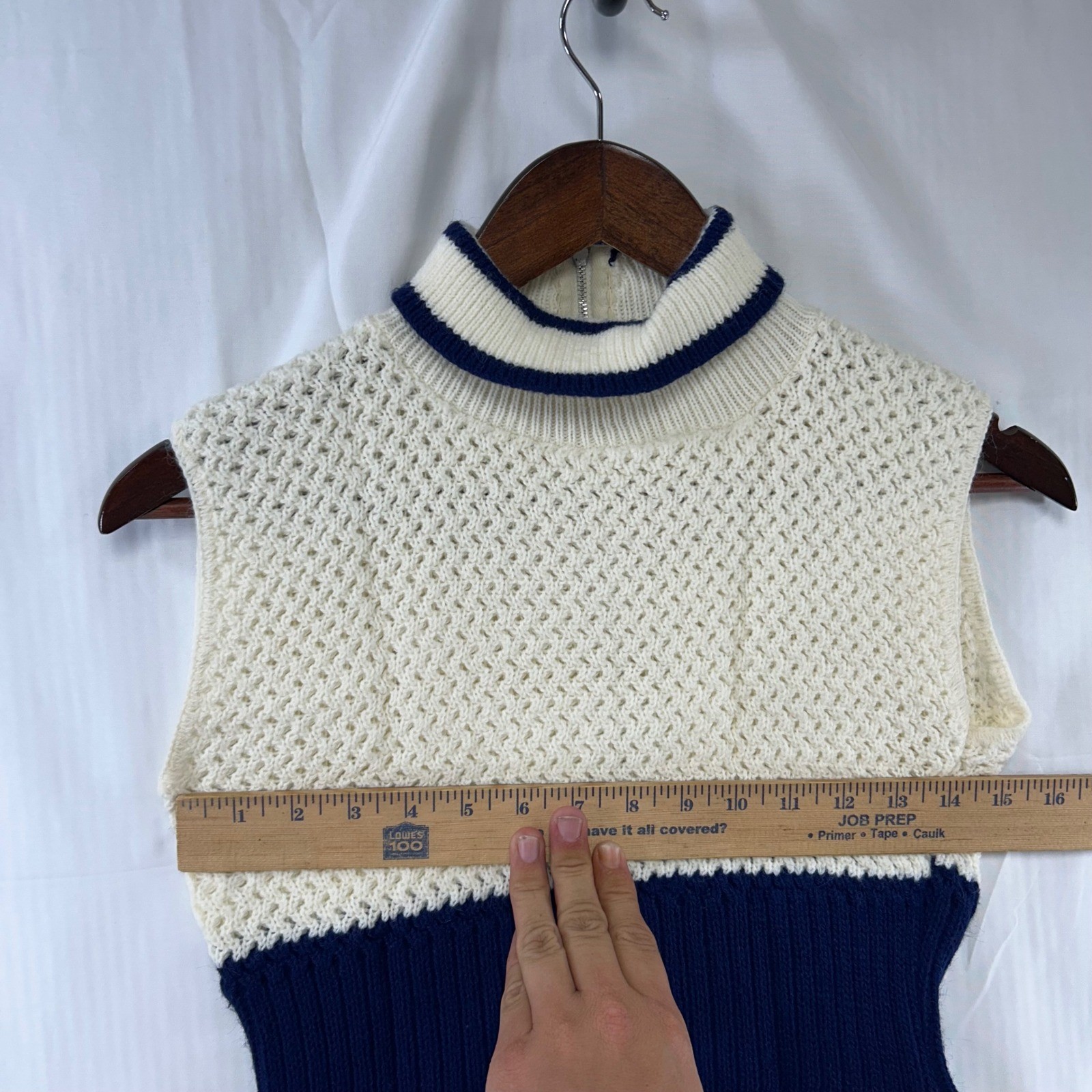 Tunic Women Small Cream Navy Blue Mod Ribbed Waist Mock Neck Zip Back Handmade
