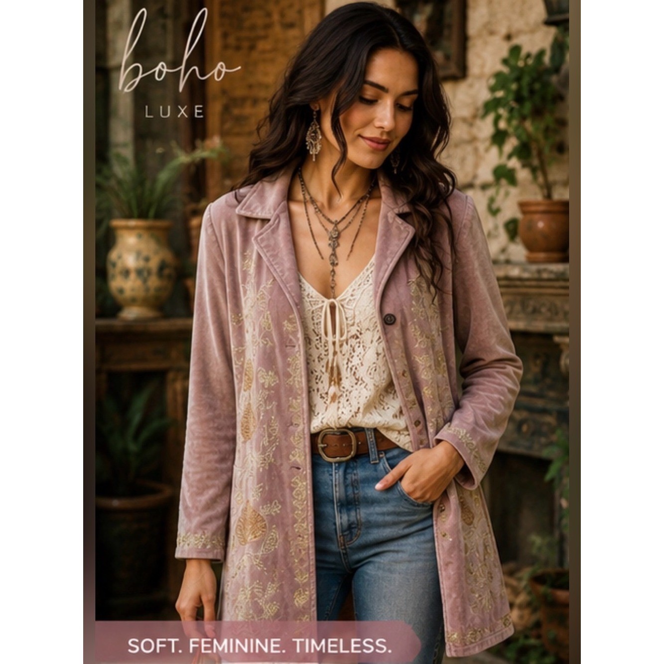 Embroidered Velvet Duster Jacket 2X Dusty Mauve Silver Floral Boho Cottagecore