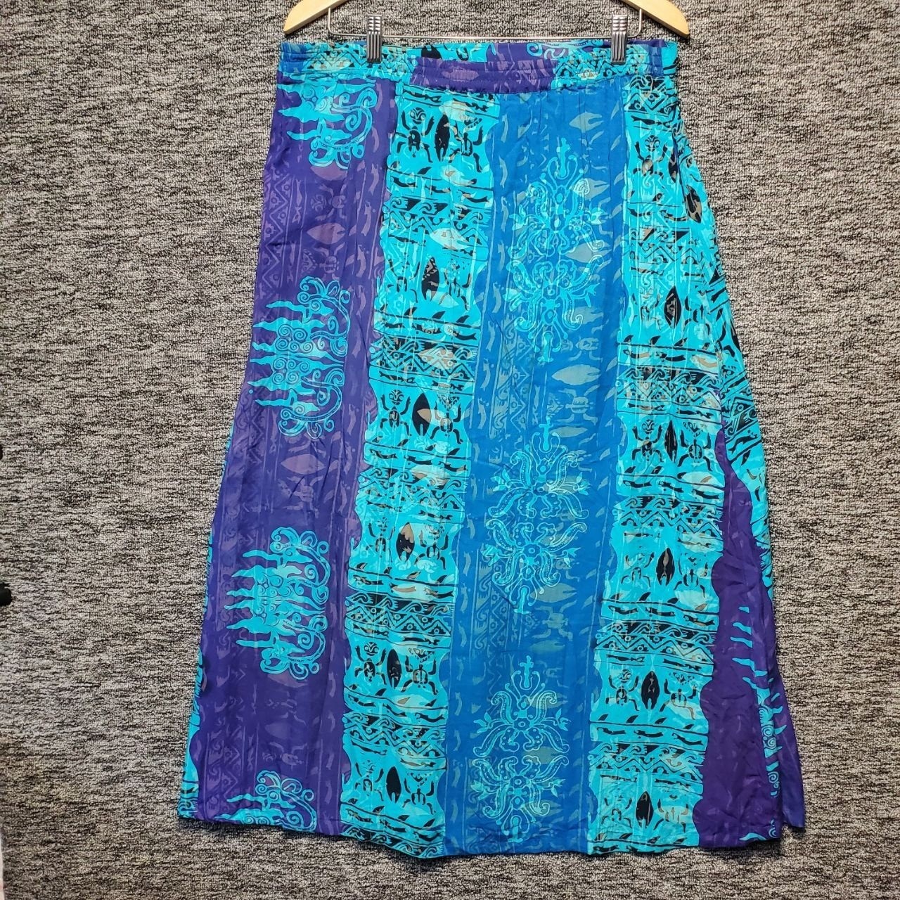 Vintage Hilo Hattie Maxi Wrap Skirt Womens Medium Blue Patchwork Batik Elephant