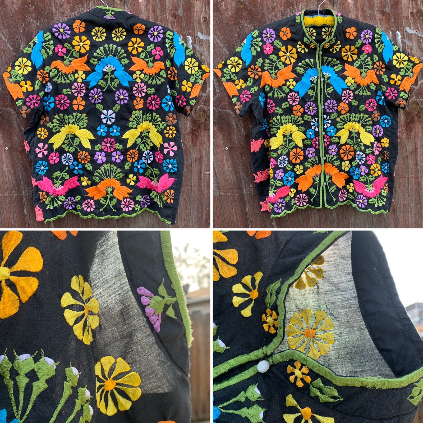 Vintage Embroidered Blouse Top Short Sleeve Mandarin Collar All Over Embroidery